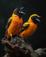 Two birds are singing on a branch photo