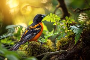 A baltimore oriole bird perched on a branch in the forest photo