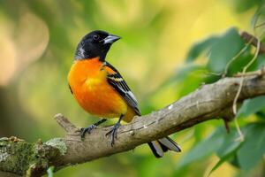 A baltimore oriole perched on a branch in the woods photo