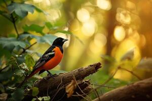 A black and orange bird sitting on a branch in the woods photo