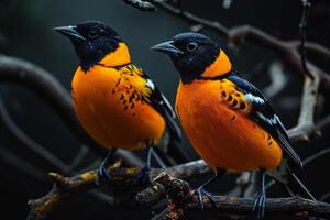 Two birds are sitting on a branch photo