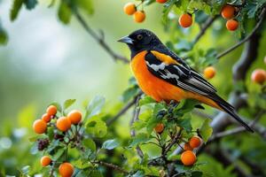 A black and orange bird sits on a branch with berries photo