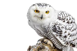 A snowy owl is sitting on a branch photo