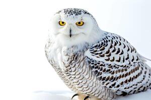 A snowy owl with yellow eyes sitting on a snow covered ground photo