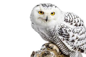 A snowy owl is sitting on a branch photo