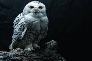 A snowy owl is sitting on a branch photo