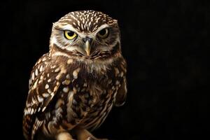 An owl with yellow eyes is sitting on a branch photo