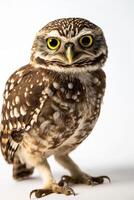 A small owl with yellow eyes standing on a white background photo