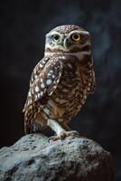 A small owl is sitting on a rock photo