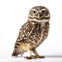 A small owl is standing on a white background photo