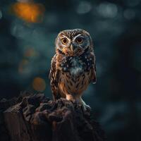 An owl sitting on a tree stump with a blurry background photo