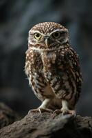 A small owl is sitting on a rock photo