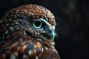 An owl with a big blue eye photo