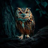 Owl on a tree branch in the dark photo