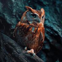 An owl is sitting on a branch in the dark photo