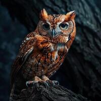 An owl is sitting on a branch in the dark photo