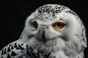 A snowy owl with orange eyes on a black background photo