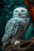 A snowy owl is sitting on a branch photo
