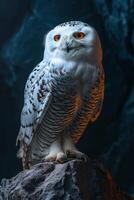 A snowy owl is sitting on a rock photo