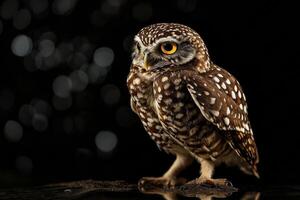 An owl is standing on a rock in front of a black background photo