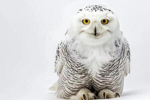 A snowy owl with yellow eyes sitting on a white background photo