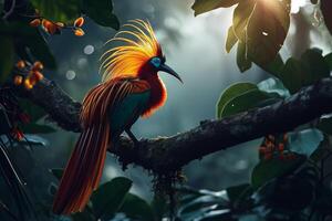 A colorful bird with long feathers sitting on a branch photo