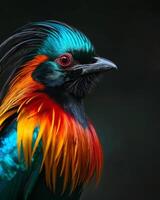 A colorful bird with bright red, orange and green feathers photo