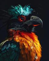 A colorful bird with bright feathers on its head photo