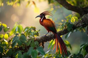 A colorful bird with long feathers sitting on a branch photo