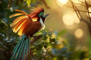 A colorful bird with long feathers on its back photo