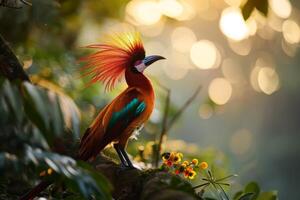 A colorful bird with a long tail standing on a branch photo