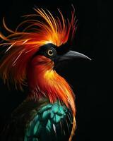 A colorful bird with long feathers on its head photo