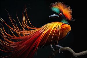 A colorful bird with long feathers on a branch photo