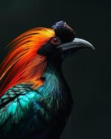 A colorful bird with bright red and orange feathers photo