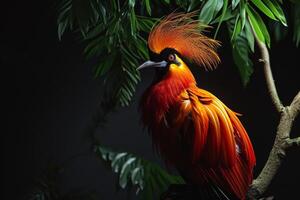 A colorful bird with a long tail sitting on a branch photo
