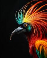 A colorful bird with long feathers on its head photo