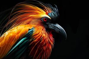 A colorful bird with long feathers on its head photo