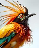 A colorful bird with long feathers on its head photo
