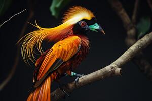 A colorful bird with long feathers on a branch photo
