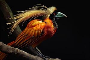 A colorful bird with long feathers on a branch photo