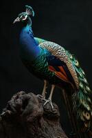 A peacock standing on a log photo