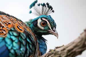 A peacock with bright blue feathers and orange feathers photo