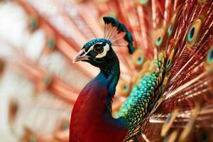 A close up of a peacock with its feathers spread photo