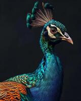 A peacock with a colorful head and feathers photo