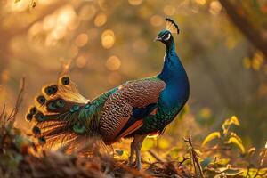A peacock is standing in the sun photo