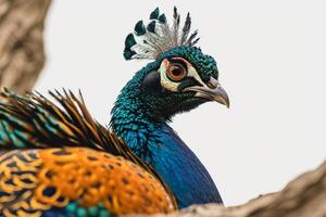 A peacock with colorful feathers standing on a branch photo