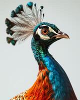 A close up of a peacock with a colorful head photo