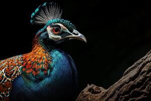 A colorful peacock stands on a branch photo