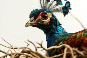 A peacock is sitting on top of a nest photo