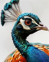 A close up of a peacock's head with a bright blue and orange feather photo